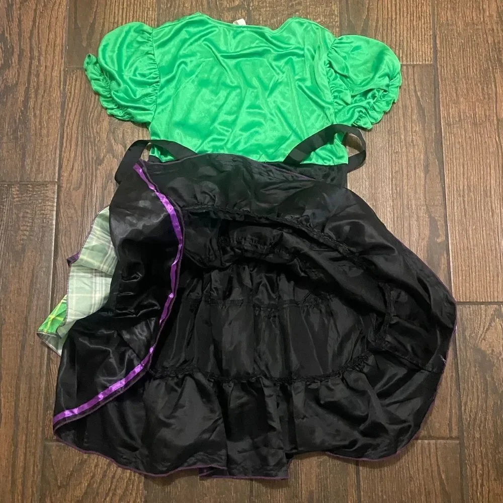 Vibrant Green and Black Kids Costume Dress with Purple Accents Size M7-8 Junior